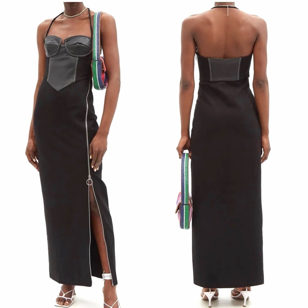 STAUD Hindley Faux Leather Corset Halter Neck Exposed Zipper Black Midi Dress - Picture 3 of 16